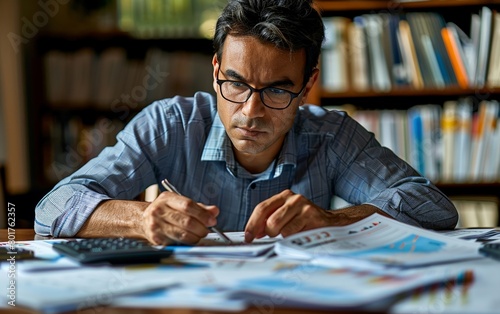 The businessman is carefully examining intricate financial graphs, surrounded by calculators and paperwork, making a great choice for financial planning.