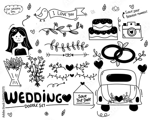 Set of cute wedding doodle vector illustration black and white 
