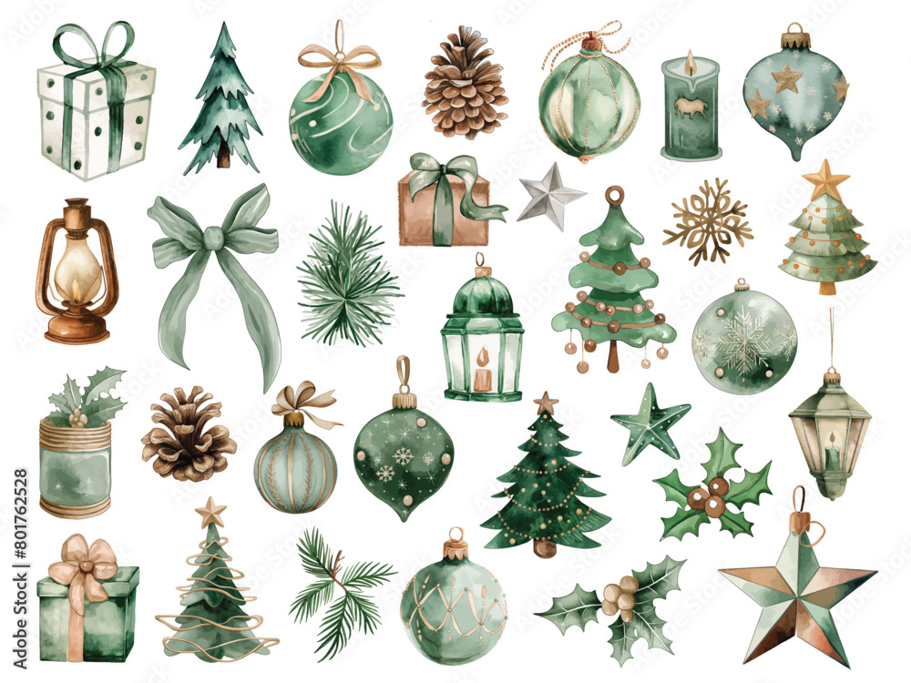 Watercolor Christmas decor elements set with pine trees, branches, cones, stars, gifts hand drawn illustrations