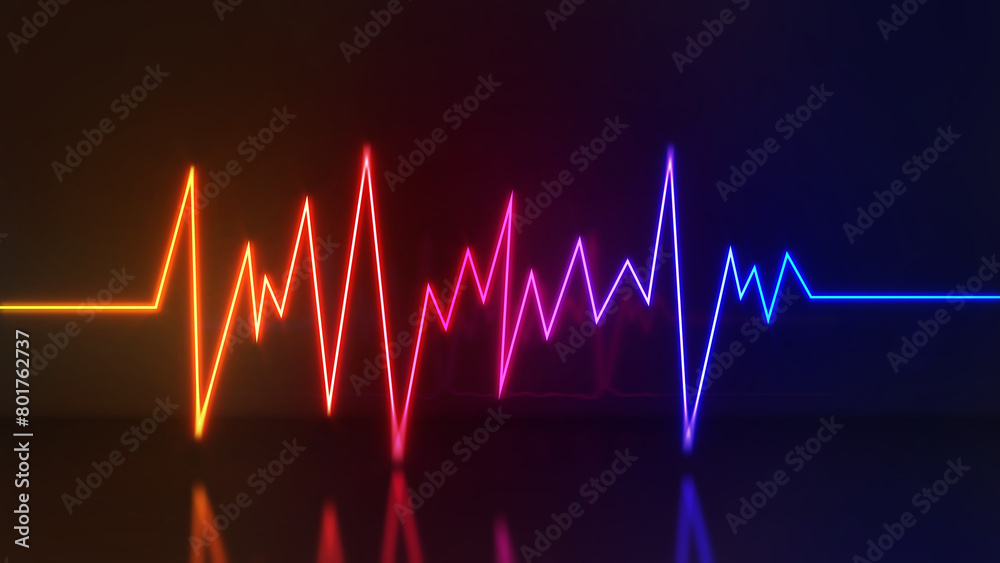 Abstract background, neon light lines, heart rhythm pattern and frequency.,3d rendering