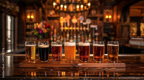 Rows of assorted beer flights on a dark mahogany bar  each offering unique aromas and flavors  inviting patrons to a tasting adventure.