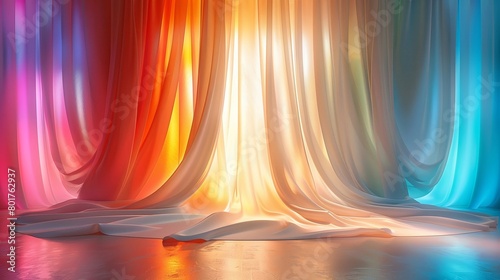 Paintbrush creates ethereal strokes, Silk drapes flutter in the wind, Transforming feelings into visual poetry, Surreal masterpiece unfolds, Backlights illuminate the scene photo