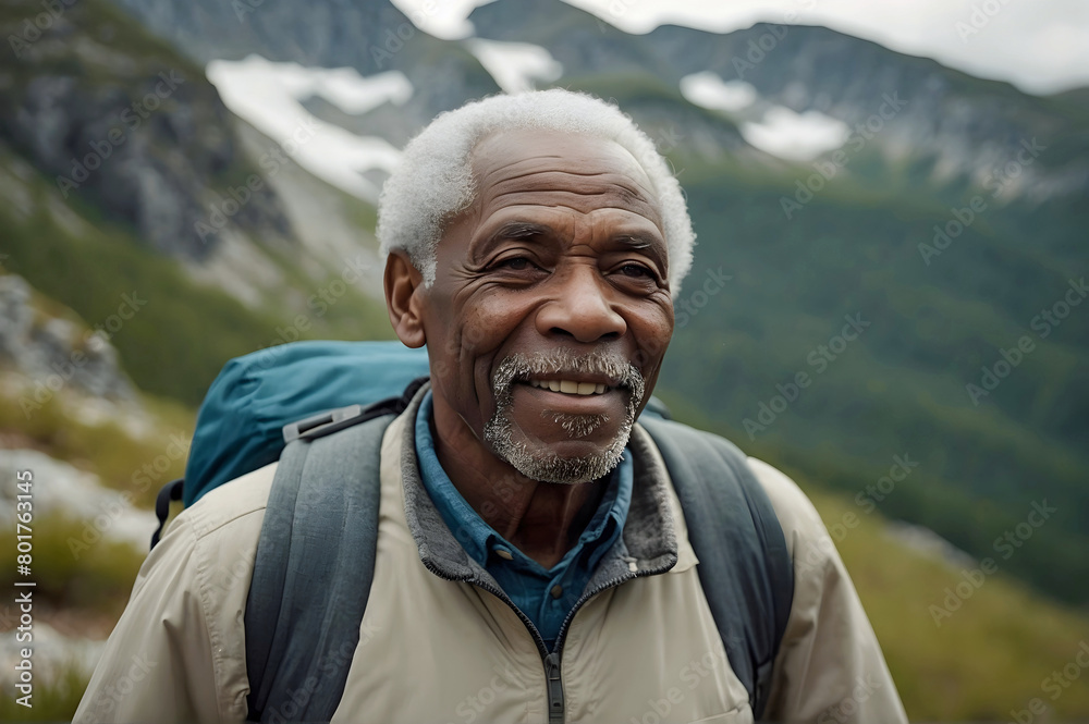 Elderly Ethnic Man Keeping Healthy Walking and Hiking in the Mountains