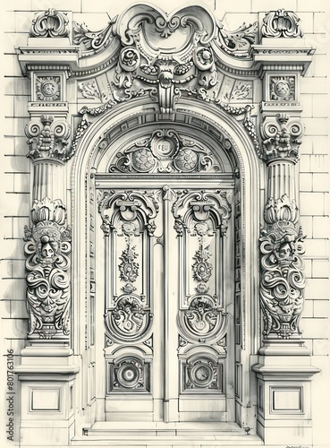 palace large door, rococo details, white and bronze, drawing art line