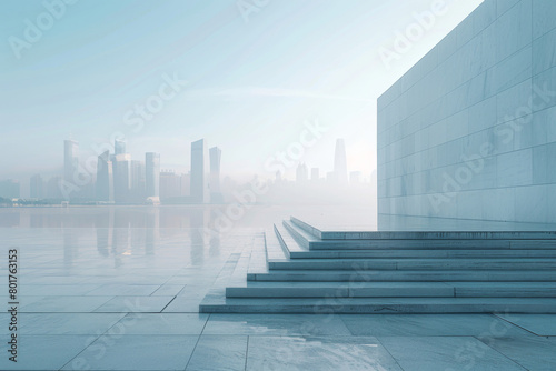 Concrete steps and buildings on the square,Empty architectural background.The modern urban skyline is in the background.