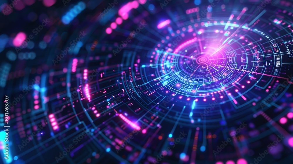 Obraz premium Creative design with a futuristic theme, featuring a bold mix of digital elements in shades of blue and purple.