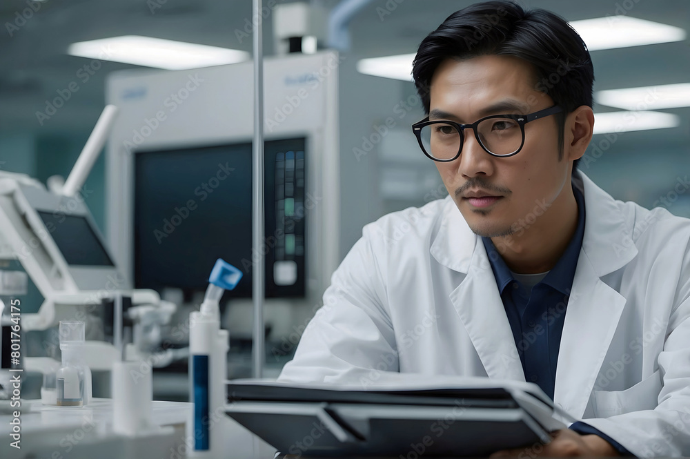Young Asian Man Researcher Scientist Lab Medical Worker Looking Over Research Paperwork in Laboratory Young Asian Man Researcher Scientist Lab Medical Worker Looking Over Research Paperwork in Laboratory