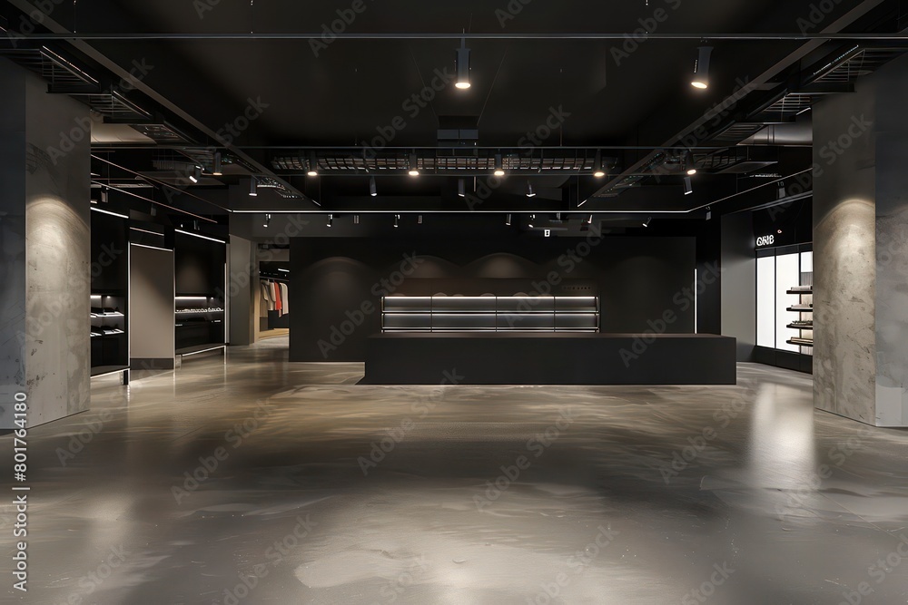 retail shop, concrete color floor, empty shop, black wall and ceiling ...