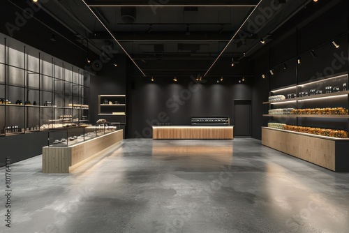 retail shop, concrete color floor, empty shop, black wall and ceiling