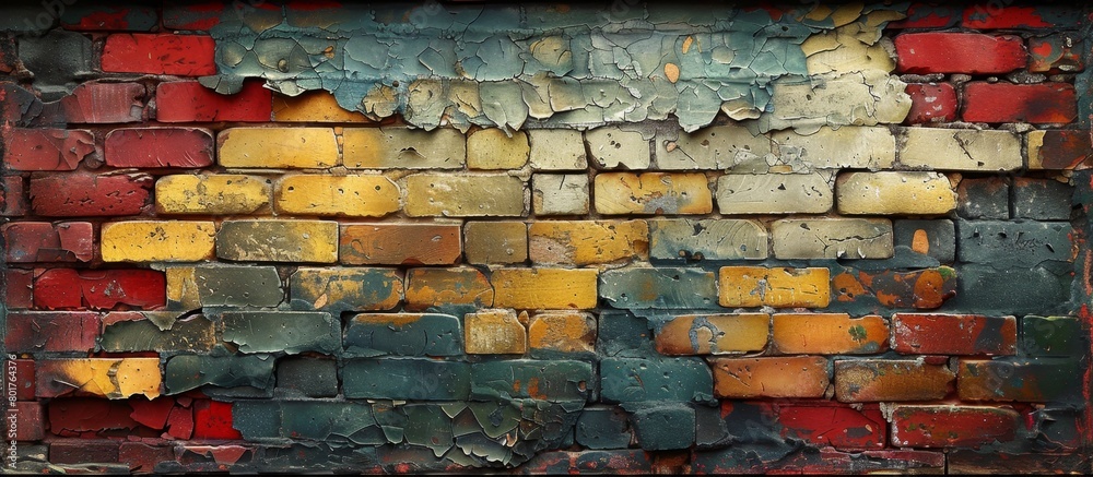 Fototapeta premium Detailed close-up of a weathered brick wall covered in layers of colorful paint graffiti and markings