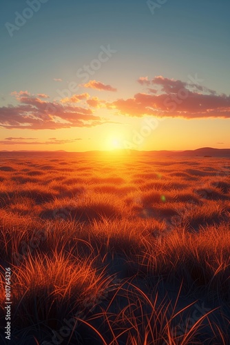 The sunrise illuminates the vast Sahara desert, painting the landscape with a warm glow.