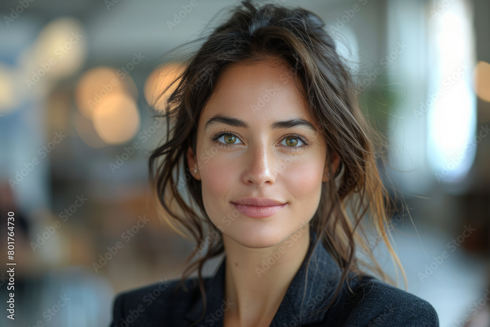 A woman with brown hair and green eyes is smiling for the camera A woman with brown hair and green eyes is smiling for the camera