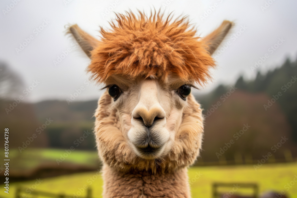 A cute llama with a fluffy brown hat on its head
