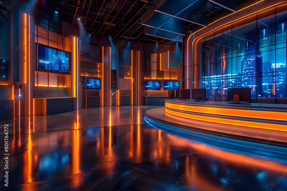 Fototapeta premium Neon orange Stylish Loft Apartment Interior with TV Set with Screen Mock Up Display Standing on Television Stand. Chroma Key Placeholder on Monitor city.