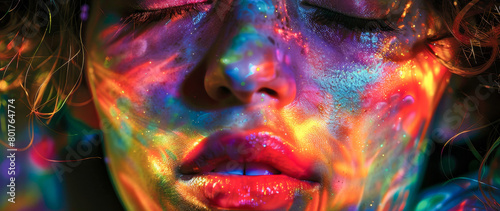 Vibrant Neon Paint on Woman's Face in Dark Setting