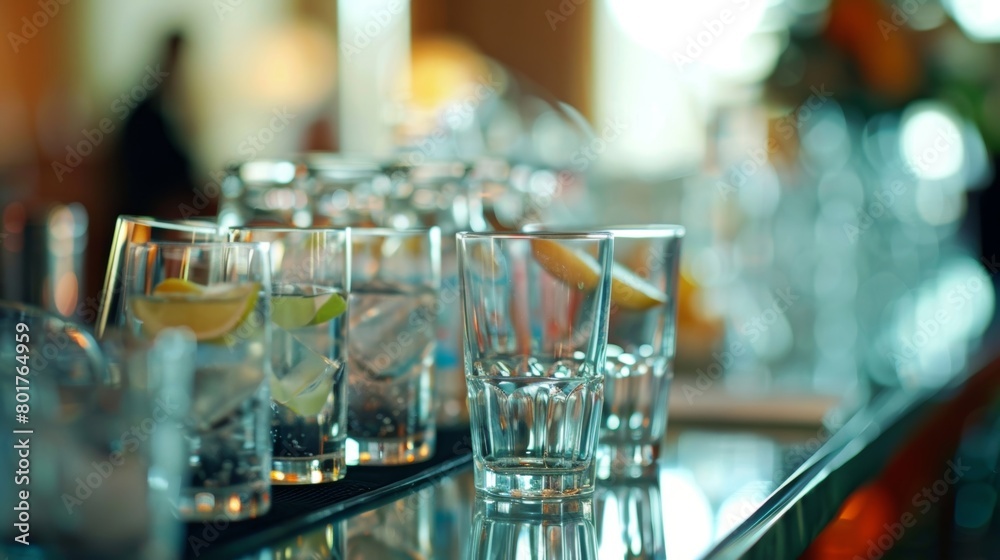 An empty bar at a networking event with nonalcoholic mocktails and refreshments available instead.