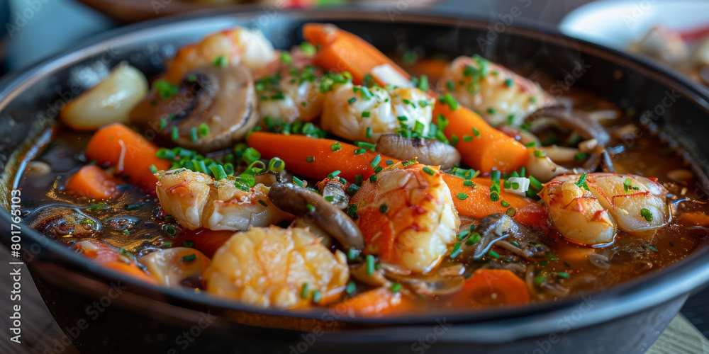 A bowl of food with shrimp, carrots, and mushrooms