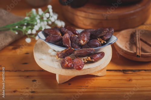 Dates and pure drinking water is consume to end Ramadan fast. Breaking Ramadan fast at Iftar. photo