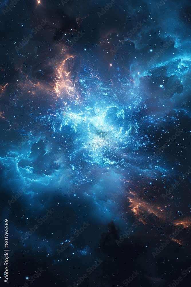 Fototapeta premium Exploding cosmic blue star in the vastness of outer space