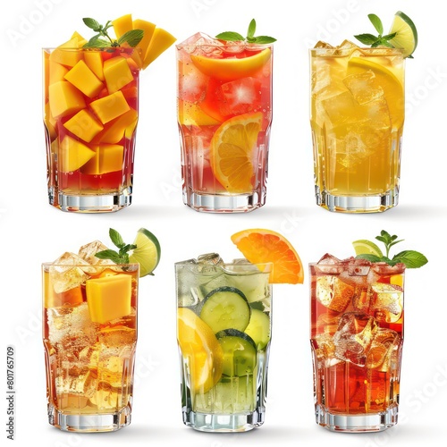 bar cocktails with slices of fruits, white background