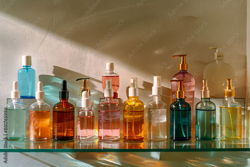 A shelf with many bottles of different colors and sizes A shelf with many bottles of different colors and sizes