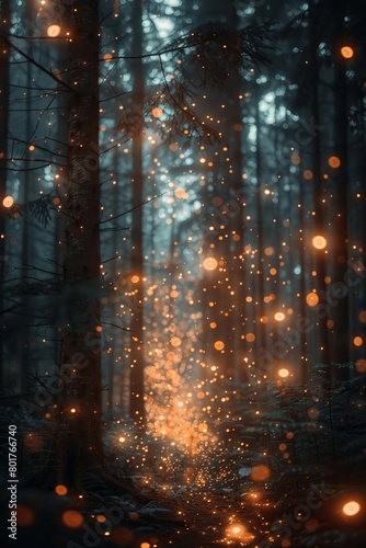 Glowing fairy lights illuminating a dark, enchanted woodland