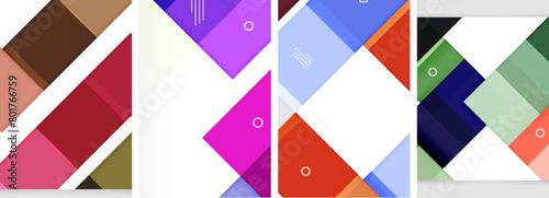 A vibrant display of geometric shapes a triangle, rectangle, and squares in shades of purple, violet, magenta, and electric blue. An artful composition with symmetry and a mix of tints and shades