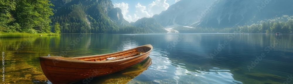 The serene scenery of a rustic wooden canoe on a tranquil mountain lake. AI-generated. The serene scenery of a rustic wooden canoe on a tranquil mountain lake. AI-generated.
