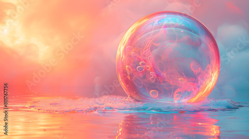 Iridescent balloon bubble on pastel background with gradient. A vibrant and whimsical bubble of joy radiates in the sky, its radiant rainbow background captivating the viewer with its dazzling colors © SHOHIDGraphics