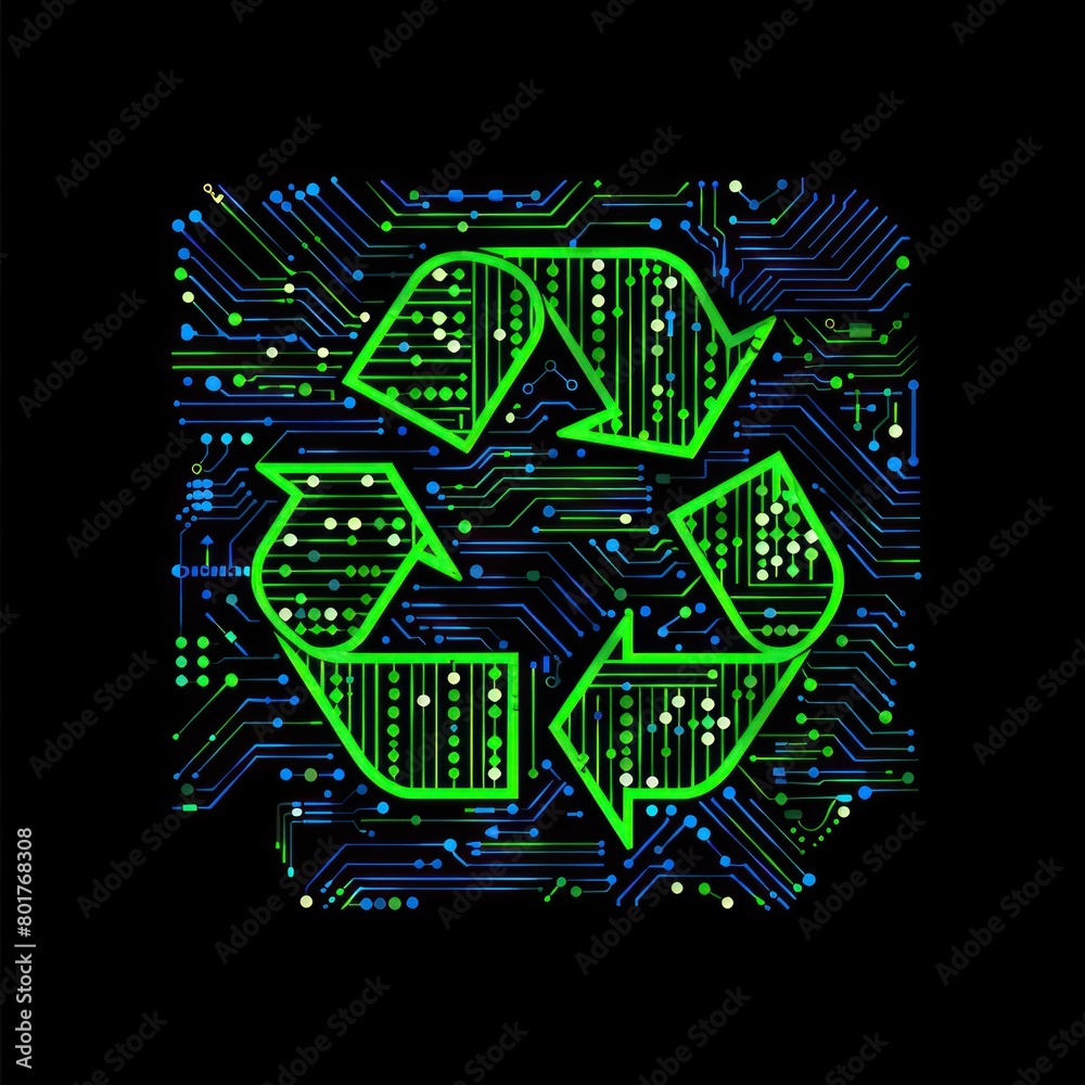 recycling symbol made on circuit board at black background recycling symbol made on circuit board at black background