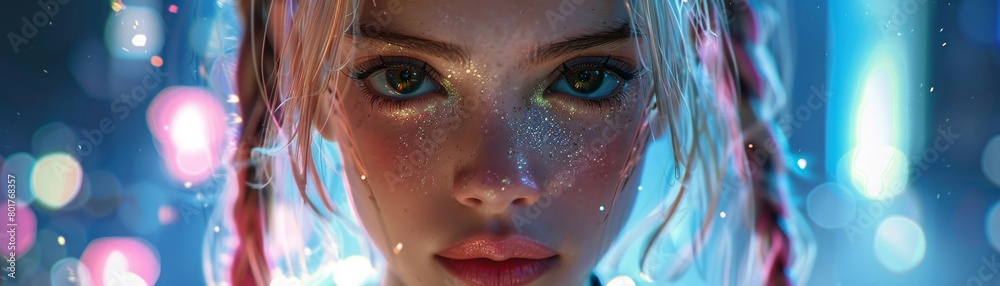 A high-resolution image features a dazzling girl with blonde twin tails and captivating black eyes, wearing a vibrant dress adorned with sheer tulle details. A high-resolution image features a dazzling girl with blonde twin tails and captivating black eyes, wearing a vibrant dress adorned with sheer tulle details.