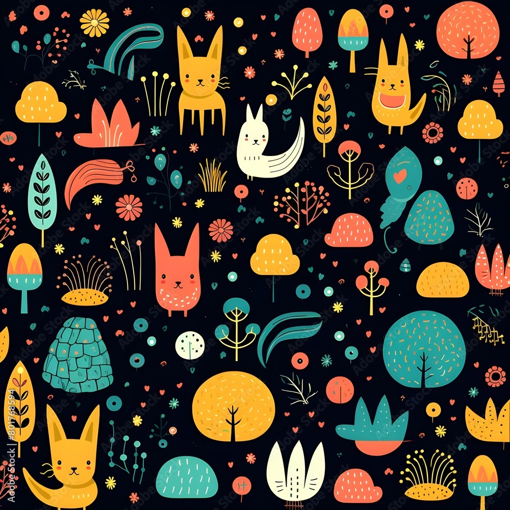 seamless pattern with cartoon cute animal and tree on black background seamless pattern with cartoon cute animal and tree on black background