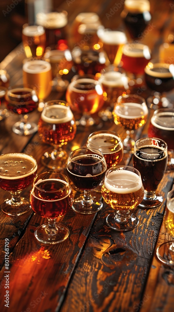 Table covered with diverse beer glasses, each representing different brewing styles, ready to be savored by patrons exploring varied flavors.