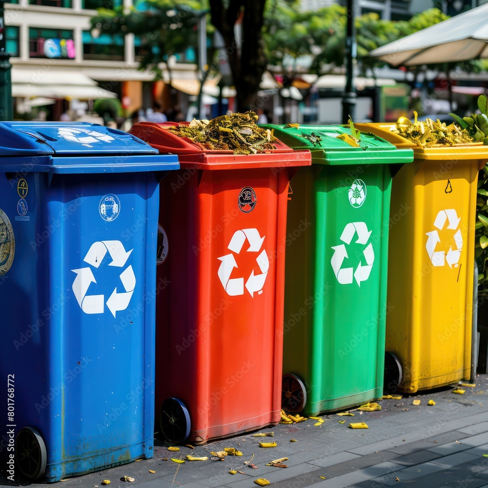 recycling bins, garbage bins in different colors, recycling symbols recycling bins, garbage bins in different colors, recycling symbols