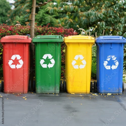 recycling bins, garbage bins in different colors, recycling symbols © STOCKYE STUDIO