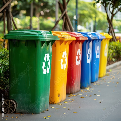 recycling bins, garbage bins in different colors, recycling symbols