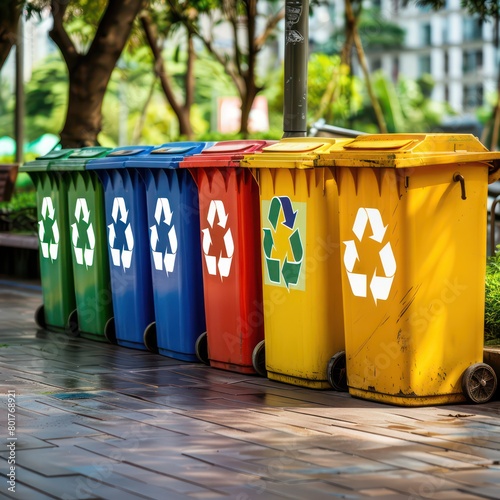 recycling bins, garbage bins in different colors, recycling symbols