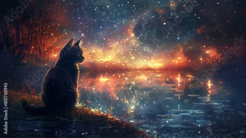 The Angel Wing Fusion Cat found peace as it stared into a magical pool, its image blending with the twinkling stars above, creating a serene moment.