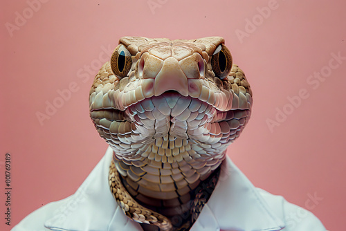 Surreal Portrait of Snake in Lab Coat Against Pink Background