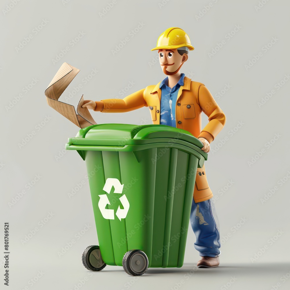 man pushing the ecological green bin with a recycled ecology symbol man pushing the ecological green bin with a recycled ecology symbol