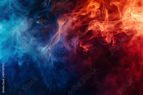 Color smoke abstract background. Cold hot. Ice fire flame. Defocused blue red contrast paint splash light glowing vapor floating cloud texture - generative ai