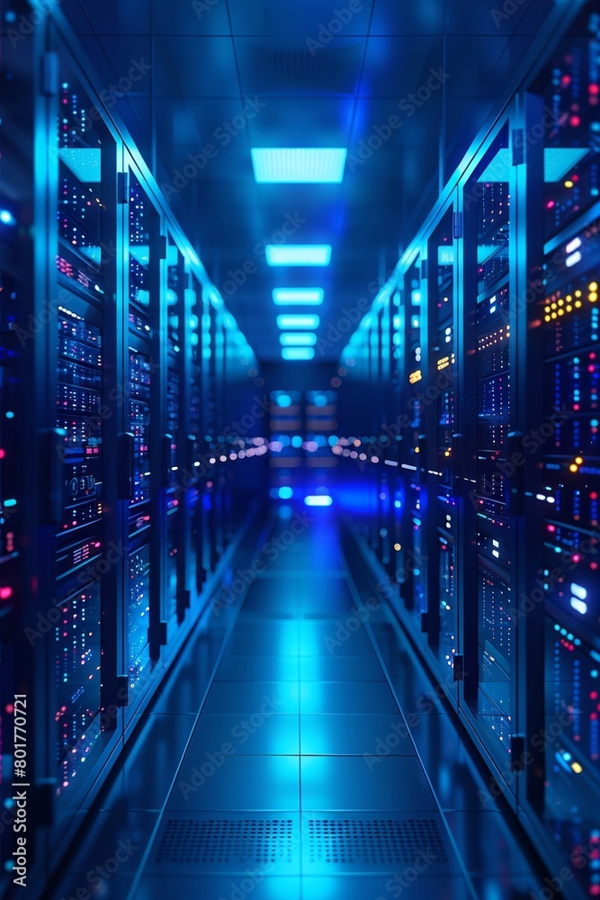 Fototapeta premium Data center background abstract, storage of databases in terminal, server room with hardware, system of racks for cloud computing, networking, and hosting.