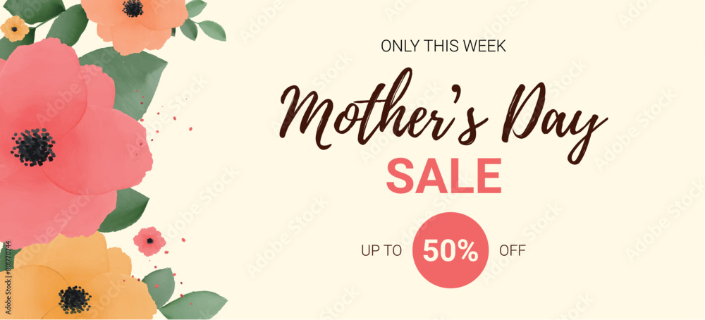 Mother's day sale vector banner design. Mother's day sale with watercolor flowers Mother's day sale vector banner design. Mother's day sale with watercolor flowers