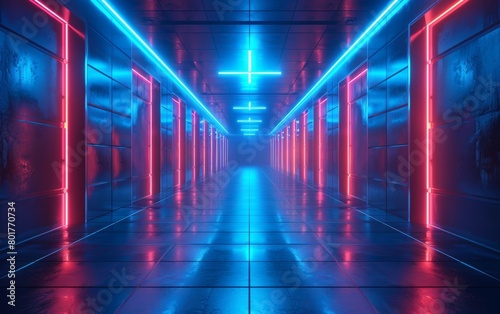 Futuristic room filled with glowing neon blue lines and advanced technology, powered by artificial intelligence.