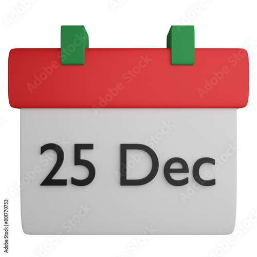 25 Dec on calendar clipart flat design icon isolated on transparent background, 3D render Christmas and New year concept
