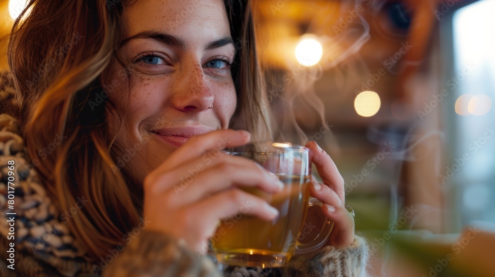 A satisfied client smiling and sipping on warm herbal tea after completing their detox regime including regular infrared sauna sessions.. A satisfied client smiling and sipping on warm herbal tea after completing their detox regime including regular infrared sauna sessions..