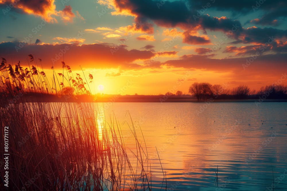 Stunning sunset over a tranquil lake, high-resolution, warm colors