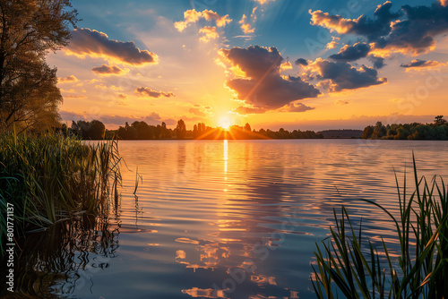 Stunning sunset over a tranquil lake, high-resolution, warm colors