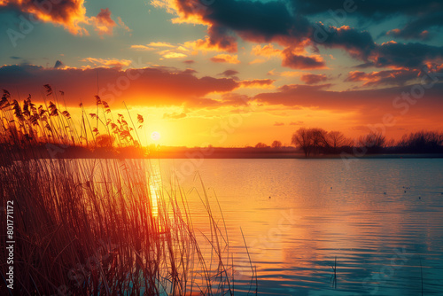 Stunning sunset over a tranquil lake, high-resolution, warm colors