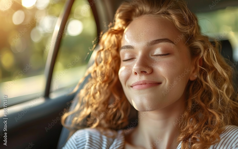 Fototapeta premium A youthful lady is unwinding in a vehicle